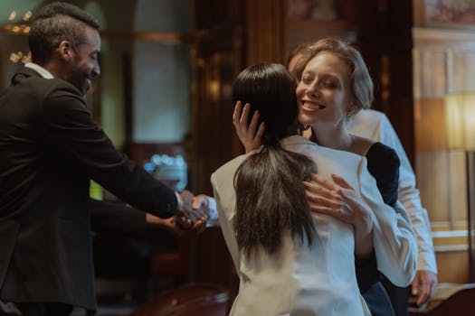A joyful moment of greeting as two colleagues embrace in a warmly lit office environment.
